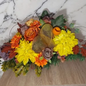 Wiązanka pogrzebowa jesienna żółto-pomarańczowa ze złotą siatką — 35 cm